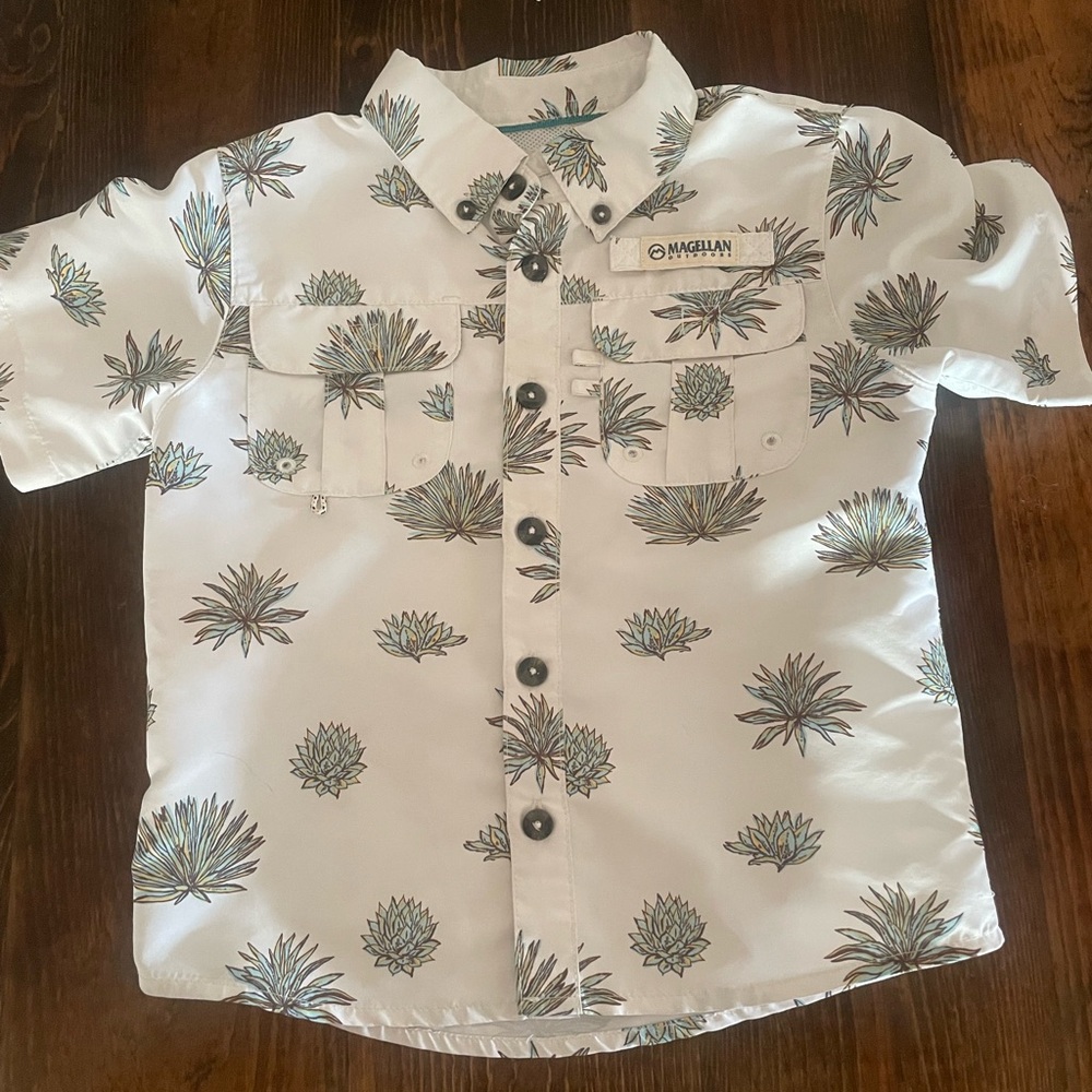 Magellan Outdoors Kids' White and Green Patterned Button-Down Shirt